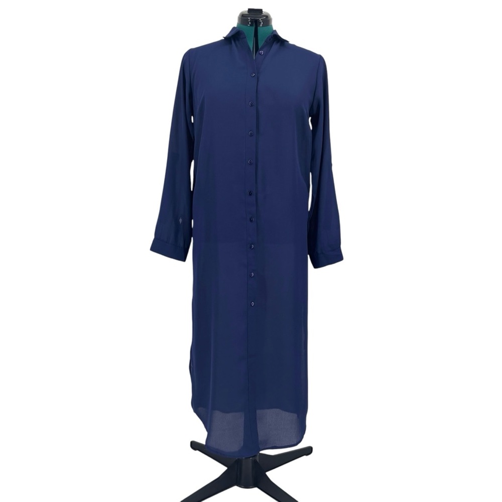 True Destiny Navy Blue Transparent Duster Length Button Down Top, Medium
